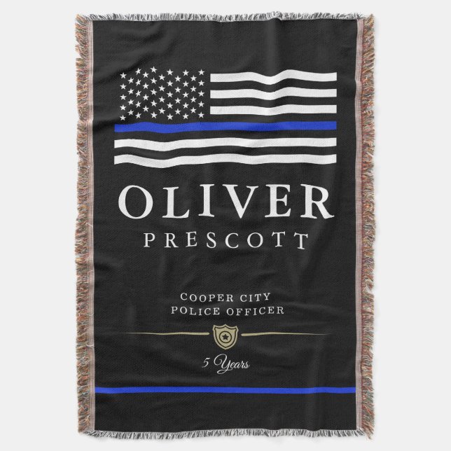 Police Officer | Thin Blue Line Themed Black Throw Blanket (Front Vertical)