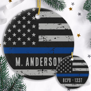 Police Officer - US American Flag Thin Blue Line Ceramic Tree Decoration