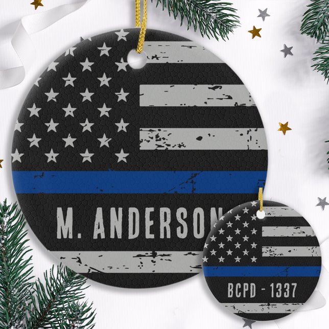 Police Officer - US American Flag Thin Blue Line Ceramic Tree Decoration (Creator Uploaded)