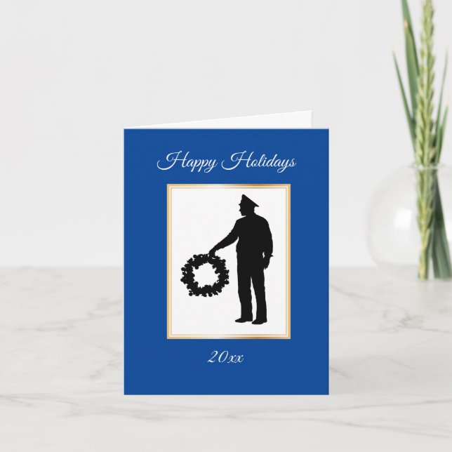 Police Officer & Wreath Silhouette Christmas Card (Front)