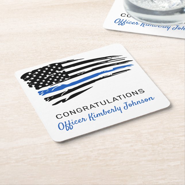 Police Party Thin Blue Line Flag Congratulations Square Paper Coaster (Angled)