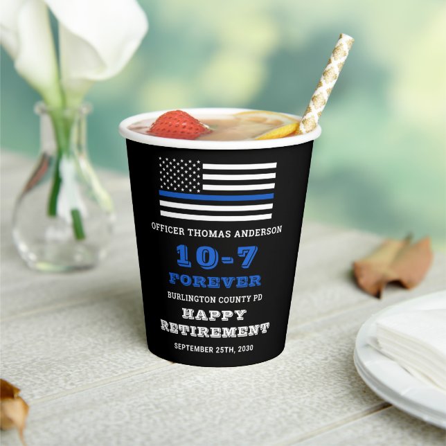 Police Party Thin Blue Line Happy Retirement Paper Cups (Insitu)