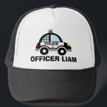 Police patrol car trucker hat for kids<br><div class="desc">Police patrol car trucker hat for kids. Cute law enforcement illustration with personalised name. Vector design for children. Fun gift idea for children's Birthday party. Make one for future officer,  cadet,  sheriff,  agent,  constable,  son,  grandson,  grandchild,  little brother etc.</div>