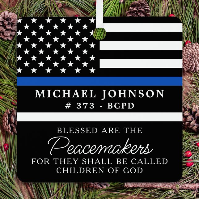 Police Personalised Blessed Cop Thin Blue Line  Metal Tree Decoration (Creator Uploaded)