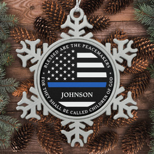 Police Personalised Cop Blessed Thin Blue Line Snowflake Pewter Christmas Ornament