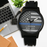 Police Personalised Law Enforcement Thin Blue Line Watch<br><div class="desc">Celebrate and show your appreciation to an outstanding Police Officer with this Thin Blue Line Police Watch - American flag design in Police Flag colours, distressed design . Perfect for service awards and Police Graduation gifts . Personalise with badge number. COPYRIGHT © 2020 Judy Burrows, Black Dog Art - All...</div>
