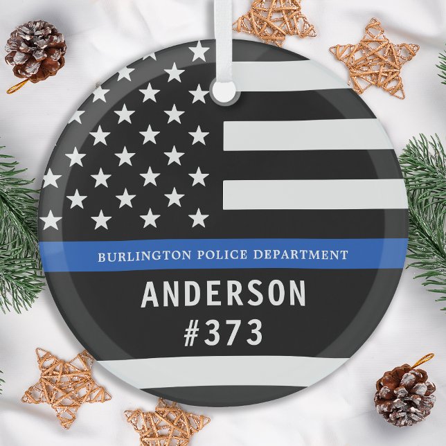 Police Personalised Thin Blue Line Law Enforcement Glass Tree Decoration (Creator Uploaded)