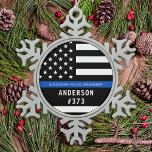 Police Personalised Thin Blue Line Law Enforcement Snowflake Pewter Christmas Ornament<br><div class="desc">Thin Blue Line Police Officer Christmas Ornament - American flag in Police Flag colours, modern black and blue design . Customise with your department name, and personalise with police officers name and badge number. This personalised law enforcement ornament is perfect for police departments and law enforcement officers, stocking stuffers and...</div>