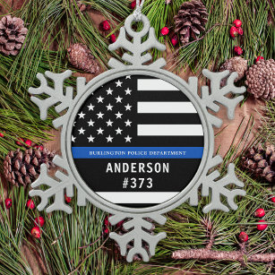 Police Personalised Thin Blue Line Law Enforcement Snowflake Pewter Christmas Ornament
