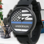 Police Personalised Thin Blue Line Law Enforcement Watch<br><div class="desc">Thin Blue Line Police Watch - American flag design in Police Flag colours modern black, blue white design . Lovely gift to your favourite police or law enforcement officer. Great police retirement gift or appreciation gift. Personalise with name. COPYRIGHT © 2020 Judy Burrows, Black Dog Art - All Rights Reserved....</div>
