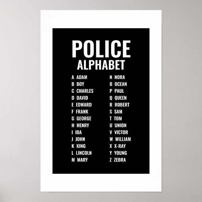 Police Phonetic Alphabet Black & White Poster (Front)