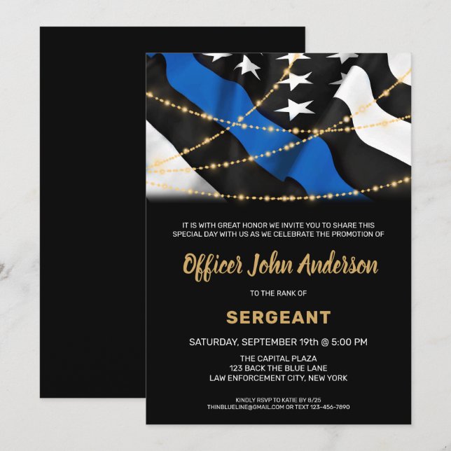 Police Promotion Law Enforcement Thin Blue Line Invitation (Front/Back)