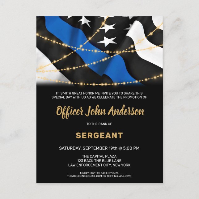 Police Promotion Law Enforcement Thin Blue Line Invitation Postcard (Front)