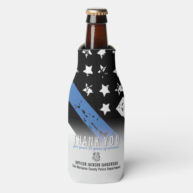 Police Retirement Anniversary Blue Line Flag Bottle Cooler (Bottle Front)