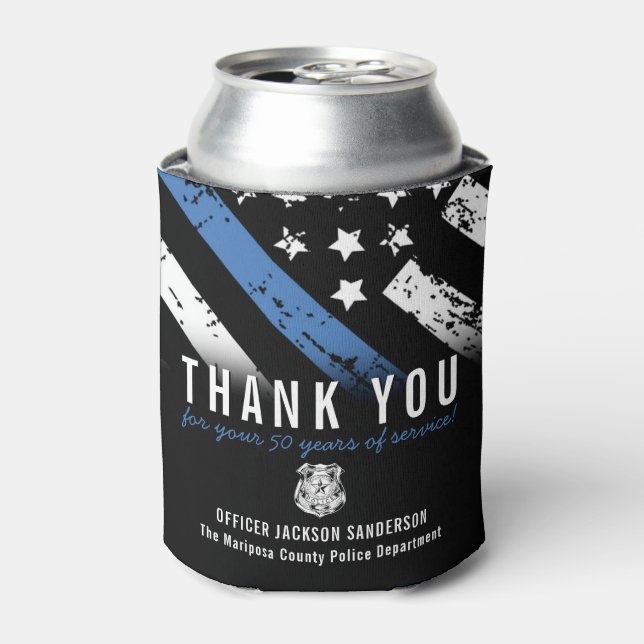 Police Retirement Anniversary Blue Line Flag Can Cooler (Can Front)