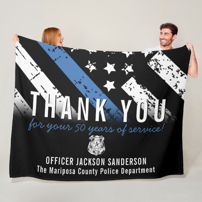 Police Retirement Anniversary Blue Line Flag Fleece Blanket (In Situ)