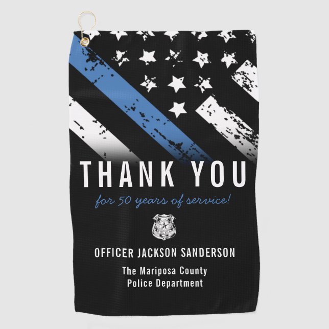 Police Retirement Anniversary Blue Line Flag Golf Towel (Front)