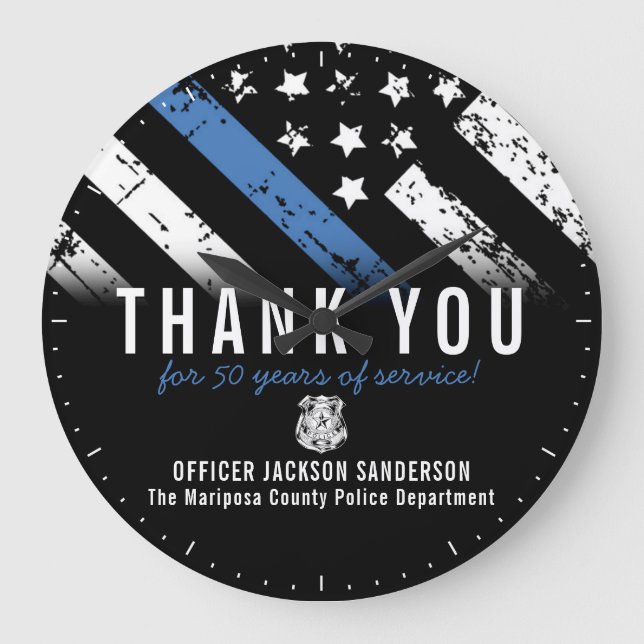 Police Retirement Anniversary Blue Line Flag Large Clock (Front)