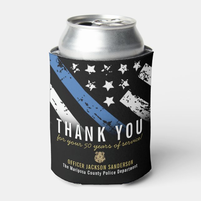 Police Retirement Anniversary Thin Blue Line Flag Can Cooler (Can Front)