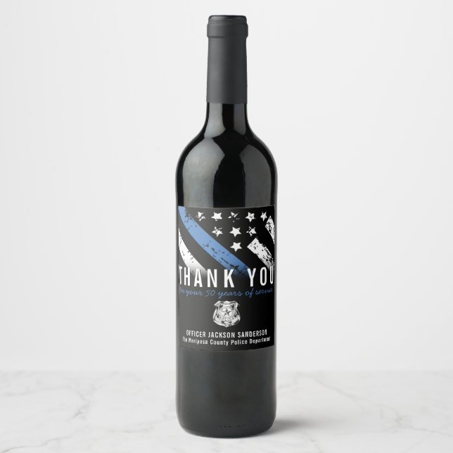 Police Retirement Anniversary Thin Blue Line Wine Label (Front)