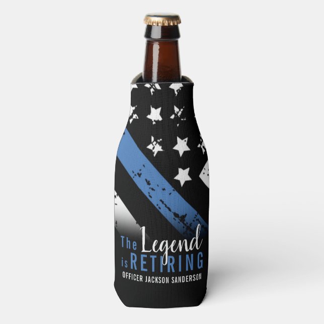 Police Retirement Blue Line Flag Law Enforcement Bottle Cooler (Bottle Front)