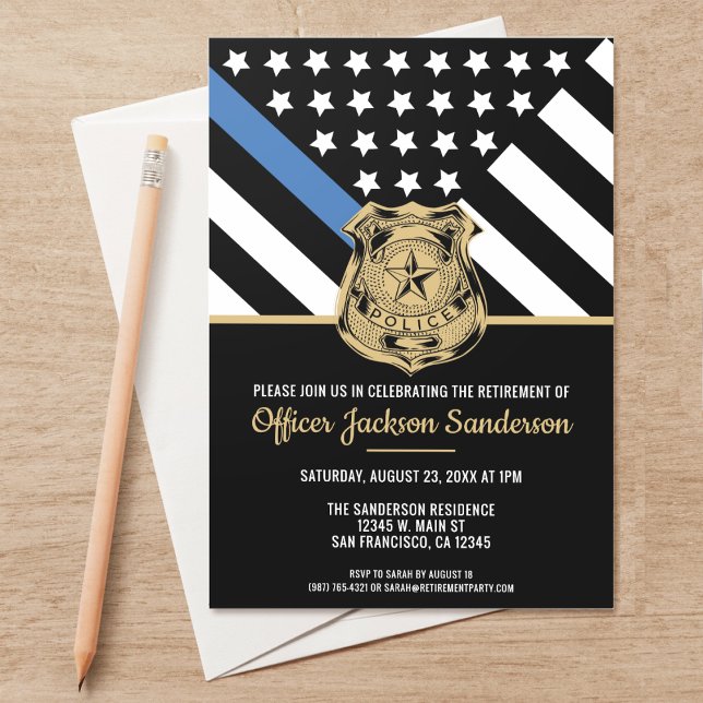 Police Retirement Blue Line Flag Law Enforcement Invitation (Perfect invitations to invite guests to honor the retiring police and law enforcement officer.)