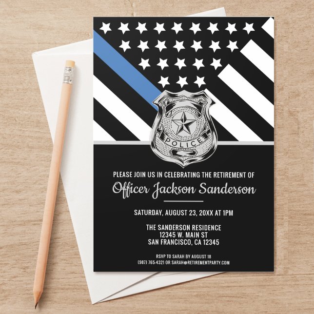 Police Retirement Blue Line Flag Law Enforcement Invitation (Perfect invitations to invite guests to honor the retiring police and law enforcement officer.)