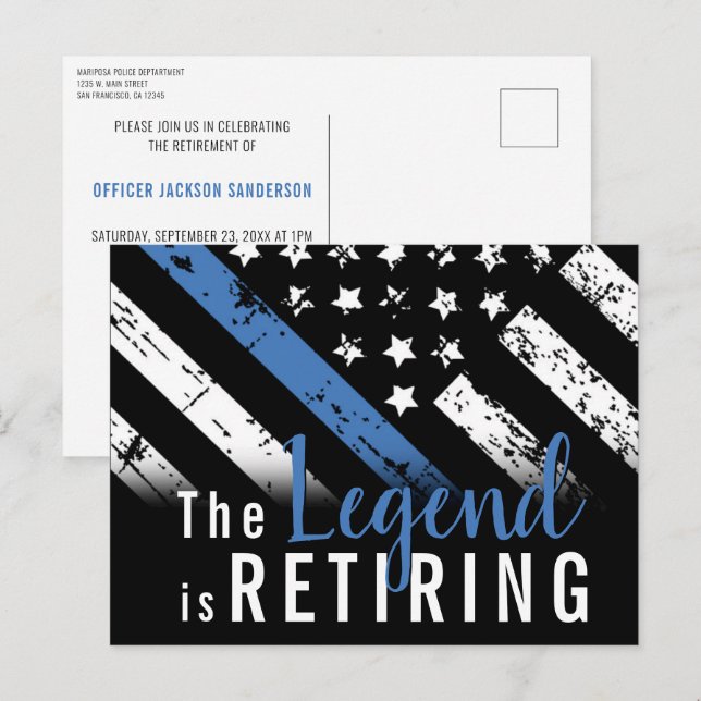 Police Retirement Blue Line Flag Law Enforcement Invitation Postcard (Front/Back)