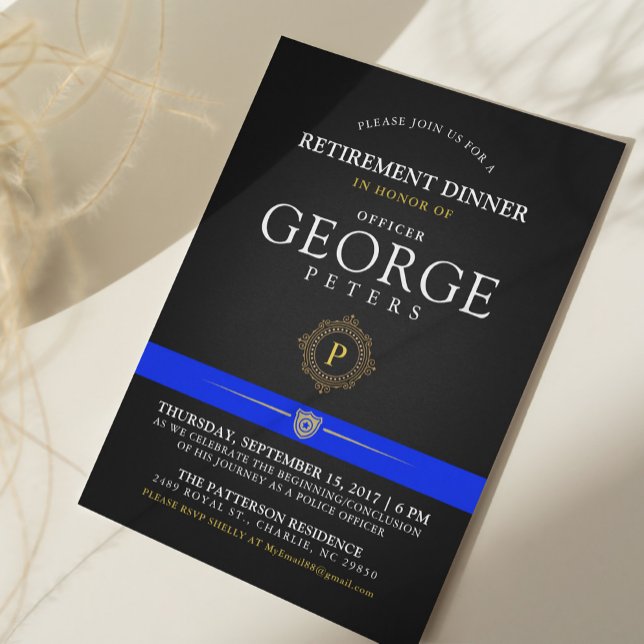 Police Retirement Dinner Monogram Black Invite (Creator Uploaded)