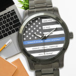 Police Retirement Gift Personalised Thin Blue Line Watch<br><div class="desc">Celebrate and show your appreciation to an outstanding Police Officer with this Thin Blue Line Retirement or Anniversary Police Pocket Watch - American flag design in Police Flag colours in a modern black an blue design . Perfect for service awards and Police Retirement gifts and law enforcement retirement. Personalise this...</div>