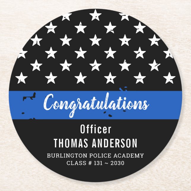 Police Retirement Graduation Party Thin Blue Line Round Paper Coaster (Front)
