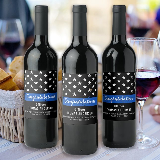 Police Retirement Graduation Party Thin Blue Line Wine Label (Creator Uploaded)