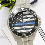 Police Retirement Modern Years Thin Blue Line Watch<br><div class="desc">Celebrate and show your appreciation to an outstanding Police Officer with this Thin Blue Line Retirement or Anniversary Police Pocket Watch - American flag design in Police Flag colours in a modern black an blue design . Perfect for service awards and Police Retirement gifts . Personalise this police retirement watch...</div>