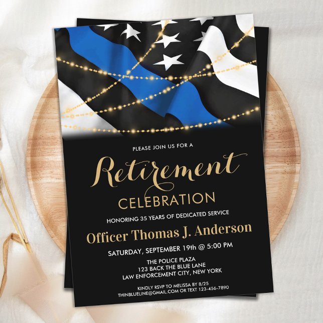 Police Retirement Party Gold Thin Blue Line  Invitation (Creator Uploaded)