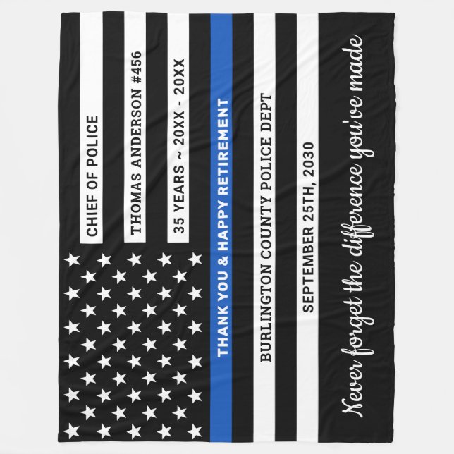 Police Retirement Personalised Thin Blue Line Flag Fleece Blanket (Front)
