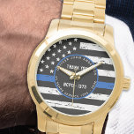 Police Retirement Personalised Thin Blue Line Flag Watch<br><div class="desc">Celebrate and show your appreciation to an outstanding Police Officer with this Thin Blue Line Police Retirement Watch - American flag design in Police Flag colours , distressed design . Perfect for service awards and Police Retirement gifts, police anniversary from the police department . Personalise with police officers name, years...</div>