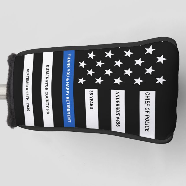 Police Retirement Personalised Thin Blue Line Golf Head Cover (Front)