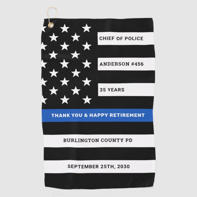 Police Retirement Personalised Thin Blue Line Golf Towel (Front)