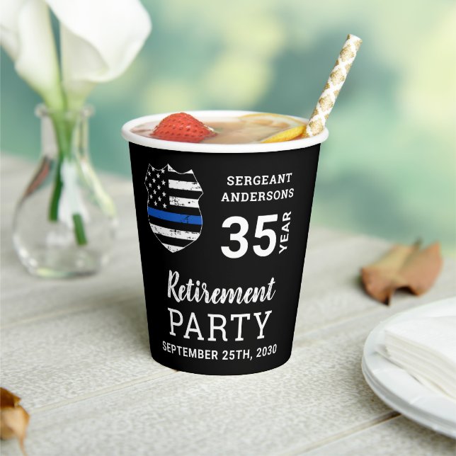 Police Retirement Personalised Thin Blue Line Paper Cups (Insitu)