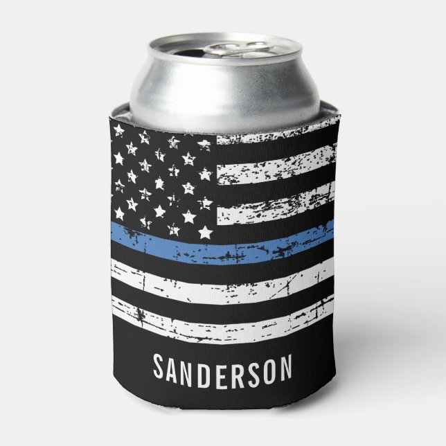 Police Retirement Thin Blue Line American Flag Can Cooler (Can Front)