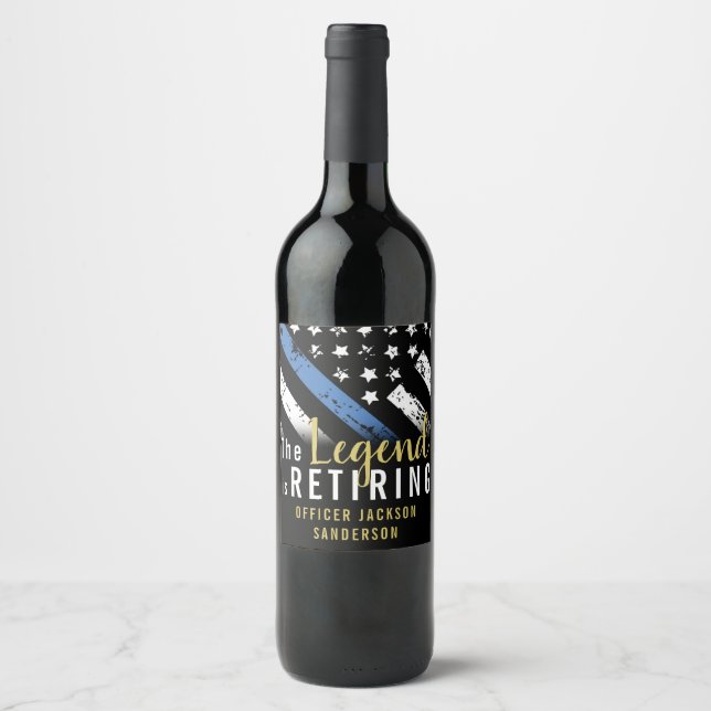 Police Retirement Thin Blue Line American Flag Wine Label (Front)
