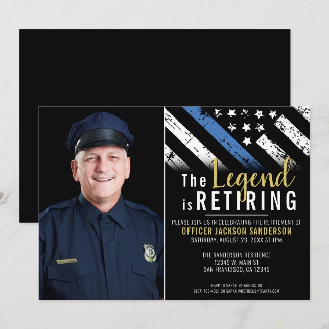 Police Retirement Thin Blue Line Flag Photo Invitation (Front/Back)