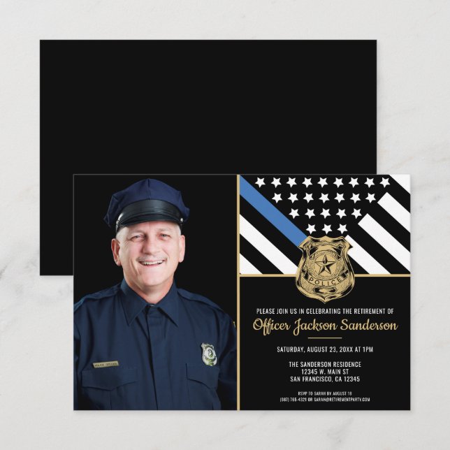 Police Retirement Thin Blue Line Flag Photo Invitation (Front/Back)