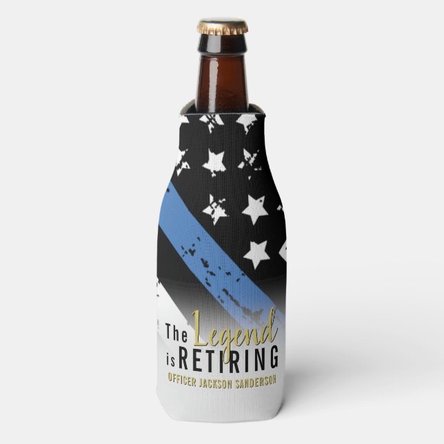 Police Retirement Thin Blue Line Law Enforcement Bottle Cooler (Bottle Front)