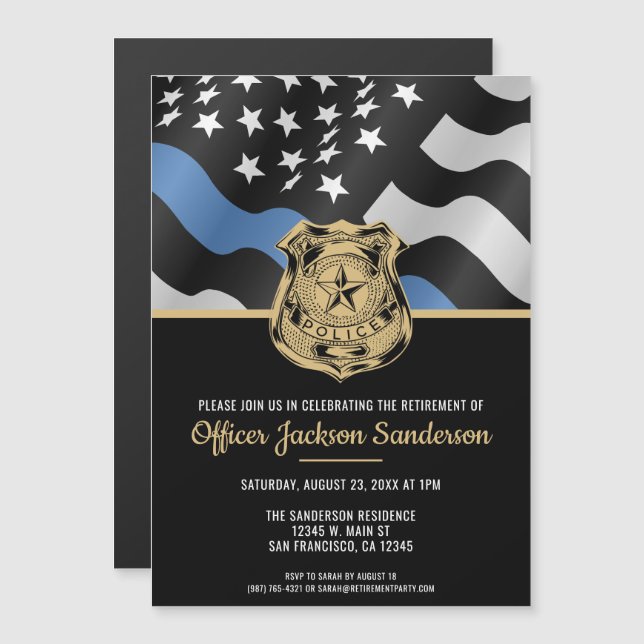 Police Retirement Thin Blue Line Law Enforcement Magnetic Invitation (Front/Back)