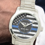 Police Retirement Thin Blue Line Law Enforcement Watch<br><div class="desc">Celebrate and show your appreciation to an outstanding Police Officer with this Thin Blue Line Law Enforcement Retirement Watch - American flag design in Police Flag colours , distressed design . Perfect for service awards and Police Retirement gifts, police anniversary from the police department . Personalise with police officers name,...</div>