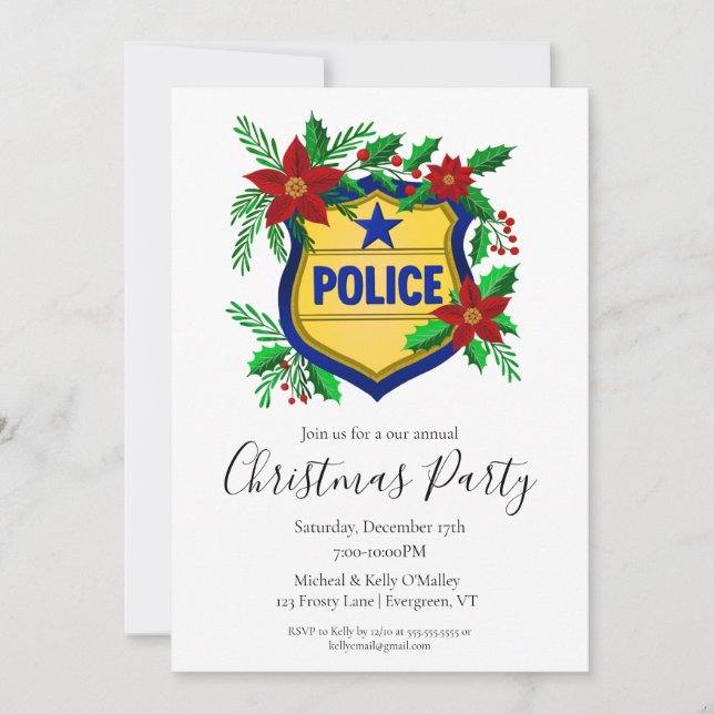 Police Shield with Poinsettia Merry Christmas  Invitation (Front)