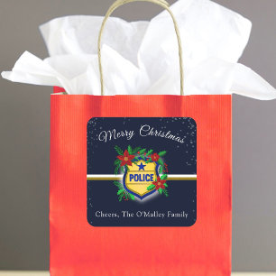 Police Shield With Poinsettias Merry Christmas  Square Sticker
