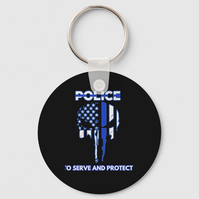 Police Skull Design Tribute With Blue Line  Key Ring (Front)