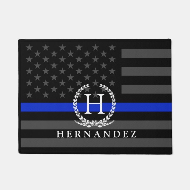 Police Styled American Flag Custom Monogram Doormat (Front)